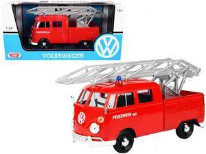 Volkswagen Type 2 (T1) Fire Truck with Aerial Ladder "Feuerwehr" Red 1/24 Diecast Model Car by Motormax