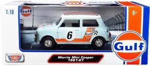 1961-1967 Morris Mini Cooper RHD #6 "Gulf Oil" Light Blue with Orange Stripes and Checkered Top 1/18 Diecast Car by Motormax
