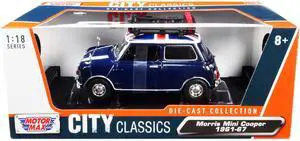 1961-1967 Morris Mini Cooper RHD Dark Blue with British Flag on the Top and Roof Rack 1/18 Diecast Model Car by Motormax