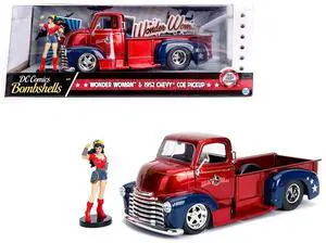 1952 Chevrolet COE Pickup Red & Blue & Wonder Woman Diecast Figure "DC Comics Bombshells" 1/24 Diecast Model by Jada