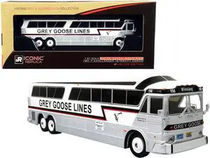 MCI MC-7 Challenger Intercity Coach Grey Goose Lines (Canada) White & Silver w/Stripes 1/87 HO Diecast Model by Iconic Replicas