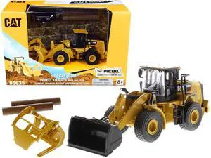 CAT Caterpillar 950M Wheel Loader W/ Bucket & Log Fork W/ Two Log Poles "Play & Collect!" 1/64 Diecast Model by Diecast Masters
