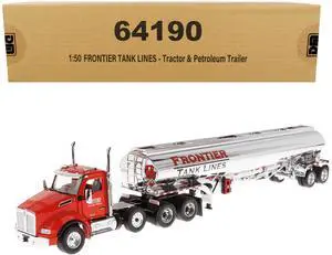 Kenworth T880 SBFA Tandem Day Cab Truck w/Pusher Axle & Tanker Trailer Red & Chrome Ltd Ed 1/50 Diecast Model by Diecast Masters