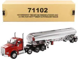 Kenworth T880 Day Cab Tandem Truck w/Pusher-Axle & Petroleum Tanker Trailer Red & Chrome 1/50 Diecast Model by Diecast Masters