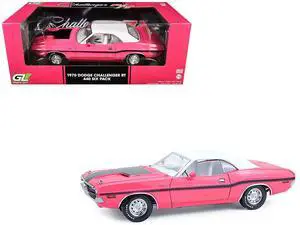 1970 Dodge Challenger R/T 440 Six Pack Panther Pink w/Black, White Top and White Interior 1/18 Diecast Model Car by Greenlight