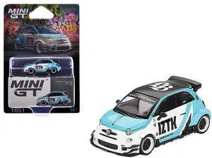 ABARTH 595 "LB-Works x Abas Works - IZTK" Light Blue and White with Black Top Limited Ed 1/64 Diecast Model Car by Mini GT