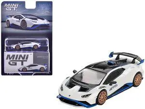 Lamborghini Huracan STO Bianco Asopo White with Black Top and Blue Accents Limited Edition 1/64 Diecast Model Car by Mini GT