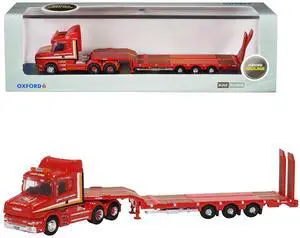 Scania T-Cab Truck RHD with Lowboy Trailer "Sandy Kydd" Red with Stripes 1/148 (N) Scale Diecast Model Car by Oxford Diecast