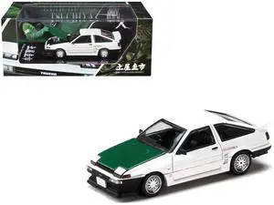 Toyota Sprinter Trueno (AE86) RHD "Keiichi Tsuchiya" White with Green Carbon Hood 1/64 Diecast Model Car by Hobby Japan