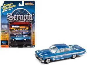 1961 Chevrolet Impala SS 409 Blue Metallic with White Stripes and Interior 1/64 Diecast Model Cars by Johnny Lightning