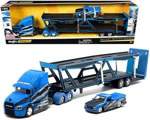 Mack Anthem Open Car Hauler Blue with Graphics and 1993 Chevrolet 454 SS Truck Blue with Graphics 1/64 Diecast Models by Maisto