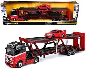 Mercedes-Benz Actros Open Car Hauler Red and Black with White and 1990 Mercedes-Benz 190E Red 1/64 Diecast Models by Maisto