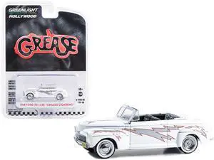 1948 Ford De Luxe Convertible "Greased Lightning" White with Graphics "Grease" (1978) Movie 1/64 Diecast Model Car by Greenlight
