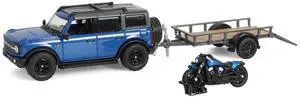 2021 Ford Bronco Black Diamond Velocity Blue Met. with Black Top w/Trailer and Motorcycle 1/64 Diecast Model Cars by Greenlight