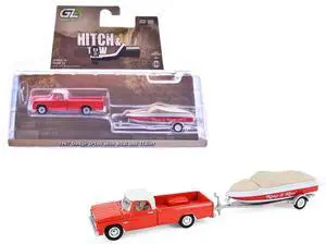 1967 Dodge D-100 Pickup Truck Red with White Top with Boat and Trailer "Hitch & Tow" 1/64 Diecast Model Cars by Greenlight