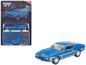 Ford Mustang Mach 1 Grabber Blue with Silver Stripes Limited Edition 1/64 Diecast Model Car by Mini GT Ford Mustang Mach 1 Grabber Blue with Silver Stripes Limited Edition 1/64 Diecast Model Car by Mini GT