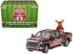 2022 GMC Sierra 3500 HD Truck Dark Red with Canadian Soccer Graphics with Moose Figure 1/64 Diecast Model Car by Greenlight 2022 GMC Sierra 3500 HD Truck Dark Red with Canadian Soccer Graphics with Moose Figure 1/64 Diecast Model Car by Greenlight