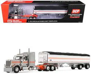 Peterbilt 589 with 58" Mid-Roof Sleeper and 50' Wilson Trailer Silver Metallic with Orange 1/64 Diecast Model by DCP/First Gear Peterbilt 589 with 58" Mid-Roof Sleeper and 50' Wilson Trailer Silver Metallic with Orange 1/64 Diecast Model by DCP/First Gear