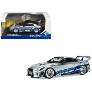 2020 Nissan GT-R (R35) Liberty Walk Silhouette Silver Metallic with Black Top and Blue Graphics 1/43 Diecast Model Car by Solido 2020 Nissan GT-R (R35) Liberty Walk Silhouette Silver Metallic with Black Top and Blue Graphics 1/43 Diecast Model Car by Solido