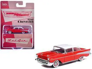 1957 Chevrolet Bel Air Red with White Top and Red Interior 1/64 Diecast Model by IXO Models 1957 Chevrolet Bel Air Red with White Top and Red Interior 1/64 Diecast Model by IXO Models