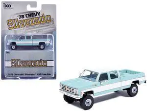1978 Chevrolet Silverado K30 Crew Cab Pickup Truck Light Blue and White with Blue Interior 1/64 Diecast Model by IXO Models 1978 Chevrolet Silverado K30 Crew Cab Pickup Truck Light Blue and White with Blue Interior 1/64 Diecast Model by IXO Models