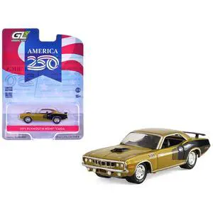 1971 Plymouth Hemi Cuda Gold Metallic with Black Accents "America 250 Edition" 1/64 Diecast Model Car by Greenlight 1971 Plymouth Hemi Cuda Gold Metallic with Black Accents "America 250 Edition" 1/64 Diecast Model Car by Greenlight