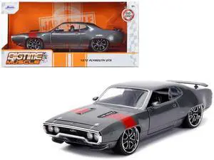 1972 Plymouth GTX 440 Metallic Gray with Red Stripe "Bigtime Muscle" 1/24 Diecast Model Car by Jada 1972 Plymouth GTX 440 Metallic Gray with Red Stripe "Bigtime Muscle" 1/24 Diecast Model Car by Jada