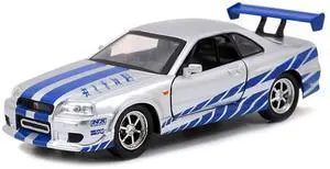 Brian's Nissan Skyline GT-R (R34) RHD Silver Metallic with Blue "Fast & Furious 25th Anniversary" 1/32 Diecast Car Model by Jada Brian's Nissan Skyline GT-R (R34) RHD Silver Metallic with Blue "Fast & Furious 25th Anniversary" 1/32 Diecast Car Model by Jada