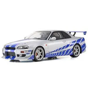 Nissan Skyline GT-R (R34) RHD Silver Metallic with Blue Graphics "2 Fast 2 Furious" (2003) Movie 1/12 Model Car by Kyosho Nissan Skyline GT-R (R34) RHD Silver Metallic with Blue Graphics "2 Fast 2 Furious" (2003) Movie 1/12 Model Car by Kyosho