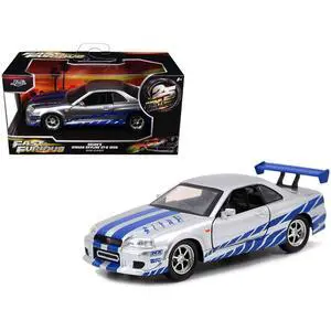 Brian's Nissan Skyline GT-R (R34) RHD Silver Metallic with Blue "Fast & Furious 25th Anniversary" 1/32 Diecast Car Model by Jada Brian's Nissan Skyline GT-R (R34) RHD Silver Metallic with Blue "Fast & Furious 25th Anniversary" 1/32 Diecast Car Model by Jada