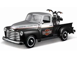 1950 Chevrolet 3100 Truck Silver Metallic and Black with 1948 Harley Davidson FL Panhead Motorcycle Black 1/24 Diecast by Maisto 1950 Chevrolet 3100 Truck Silver Metallic and Black with 1948 Harley Davidson FL Panhead Motorcycle Black 1/24 Diecast by Maisto