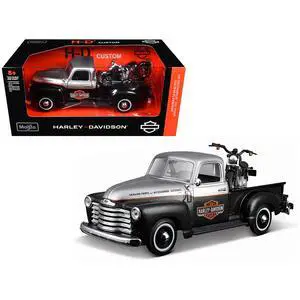 1950 Chevrolet 3100 Truck Silver Metallic and Black with 1948 Harley Davidson FL Panhead Motorcycle Black 1/24 Diecast by Maisto 1950 Chevrolet 3100 Truck Silver Metallic and Black with 1948 Harley Davidson FL Panhead Motorcycle Black 1/24 Diecast by Maisto