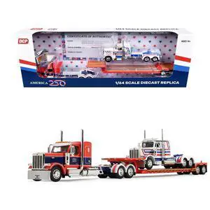 Peterbilt 589 with 44" Sleeper Red w/Blue & Lowboy w/Peterbilt 359 Load White, Blue & Red 1/64 Diecast Model by DCP/First Gear Peterbilt 589 with 44" Sleeper Red w/Blue & Lowboy w/Peterbilt 359 Load White, Blue & Red 1/64 Diecast Model by DCP/First Gear