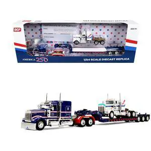 Kenworth W900L w/72" Aerocab Sleeper Blue w/White & Trailer w/W900A Load White w/Blue & Red 1/64 Diecast Model by DCP/First Gear Kenworth W900L w/72" Aerocab Sleeper Blue w/White & Trailer w/W900A Load White w/Blue & Red 1/64 Diecast Model by DCP/First Gear