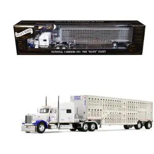 Peterbilt 379 with 70" Mid-Roof Sleeper and Wilson Silverstar Livestock Trailer White 1/64 Diecast Model by DCP/First Gear Peterbilt 379 with 70" Mid-Roof Sleeper and Wilson Silverstar Livestock Trailer White 1/64 Diecast Model by DCP/First Gear