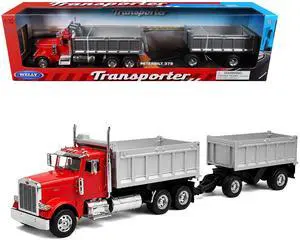 Peterbilt 379 Dump Truck Red with Gray Double Dump Trailer "Transporter" Series 1/32 Diecast Model by Welly Peterbilt 379 Dump Truck Red with Gray Double Dump Trailer "Transporter" Series 1/32 Diecast Model by Welly