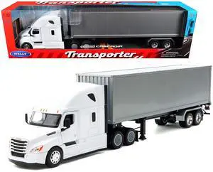 Freightliner Cascadia Truck White with Gray Container "Transporter" Series 1/32 Diecast Model by Welly Freightliner Cascadia Truck White with Gray Container "Transporter" Series 1/32 Diecast Model by Welly