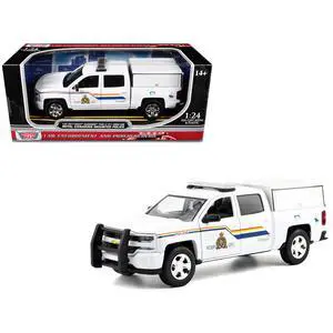 2017 Chevrolet Silverado 1500 LT Z71 Crew Cab Truck with Camper Box "RCMP" White 1/27 Diecast Model Car by Motormax 2017 Chevrolet Silverado 1500 LT Z71 Crew Cab Truck with Camper Box "RCMP" White 1/27 Diecast Model Car by Motormax