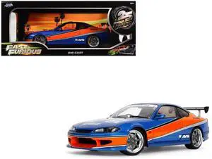 2002 Nissan Silvia (S15) RHD Blue Metallic w/Orange Graphics "25 Years of Fast & Furious" Series 1/18 Diecast Model Car by Jada 2002 Nissan Silvia (S15) RHD Blue Metallic w/Orange Graphics "25 Years of Fast & Furious" Series 1/18 Diecast Model Car by Jada