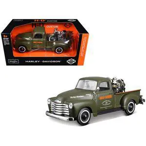 1950 Chevrolet 3100 Truck Matt Green w/1936 Harley Davidson El Knucklehead Motorcycle Matt Green 1/24 Diecast Model Car Maisto 1950 Chevrolet 3100 Truck Matt Green w/1936 Harley Davidson El Knucklehead Motorcycle Matt Green 1/24 Diecast Model Car Maisto