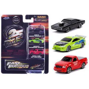 "Fast & Furious 25th Anniversary" 3 piece Set #1 "Nano Hollywood Rides" Diecast Model Cars by Jada "Fast & Furious 25th Anniversary" 3 piece Set #1 "Nano Hollywood Rides" Diecast Model Cars by Jada