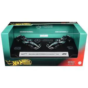 "Mercedes-AMG Petronas Formula One Team" Formula One F1 World Championship (2025) 2 Piece Set Diecast Model Cars by Hot Wheels "Mercedes-AMG Petronas Formula One Team" Formula One F1 World Championship (2025) 2 Piece Set Diecast Model Cars by Hot Wheels