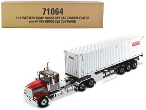 Western Star 4900 SF Tandem Day Cab Truck Tractor Red and Gray with 40' Dry Goods Sea Container "OOCL" White 1/50 Diecast Model by Diecast Masters Western Star 4900 SF Tandem Day Cab Truck Tractor Red and Gray with 40' Dry Goods Sea Container "OOCL" White 1/50 Diecast Model by Diecast Masters