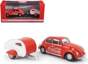 1967 Volkswagen Beetle Red with Teardrop Travel Trailer Red and White "Coca-Cola" 1/43 Diecast Model Car by Motorcity Classics