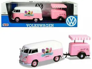 Volkswagen T1 Delivery Van with Ice-Cream Trailer Pink and White "Ice-Cream Shop" 1/24 Diecast Model Car by Motormax