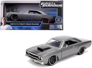 Dom's Plymouth Road Runner Metallic Gray with Black Hood Stripe "Fast & Furious" Movie 1/24 Diecast Model Car by Jada
