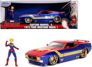 1973 Ford Mustang Mach 1 with Captain Marvel Diecast Figurine "Avengers" "Marvel" Series 1/24 Diecast Model Car by Jada