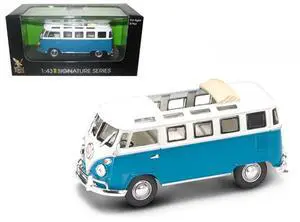 1962 Volkswagen Microbus Van with Open Roof Blue and White 1/43 Diecast Model Car by Road Signature