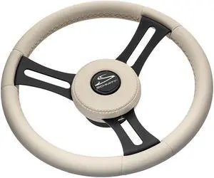 Schmitt Marine Torcello Elite 14" Wheel - Beige Leather & Cap - White Stitching - Black SS Spokes - 3/4" Tapered Shaft