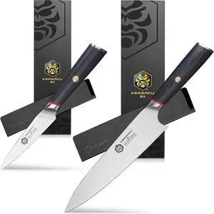 Kessaku 8-Inch Chef and 4-Inch Paring - Spectre Series Knife Set - Forged High Carbon Japanese AUS-8 Stainless Steel - Pakkawood Handle with Blade Guards